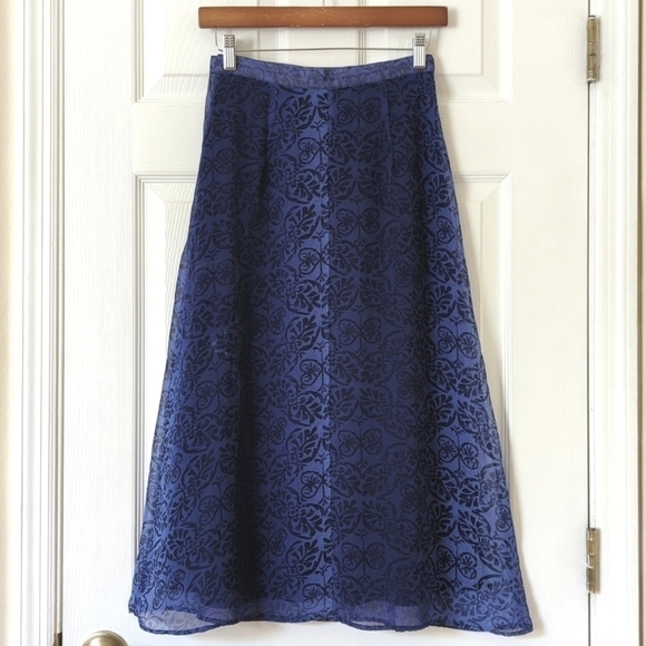Petite Sophisticate 80's Vintage Motif Chiffon High Waisted Midi Skirt Blue S - Picture 1 of 14